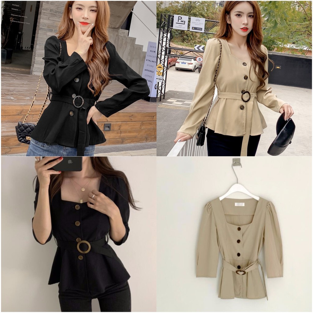 Atasan Wanita Lengan panjang gaya korea - button blouse coklat dan hitam