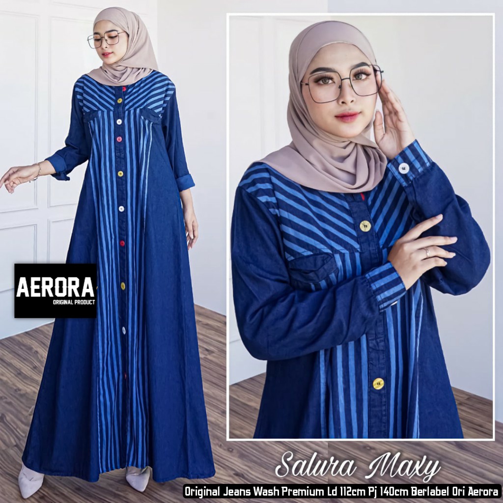 Baju Gamis Dewasa Jeans Jins Denim Wanita Terbaru 2023 Dress Muslim Kondangan Busui Motif Salur Cantik Kekinian Ld 112 P 150 New Salura Maxy Allsize