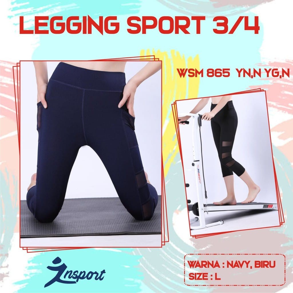 Legging Sport Gym Yoga 3/4 Jaring Ada Kantong / Celana Senam Olahraga Impor WSM 865