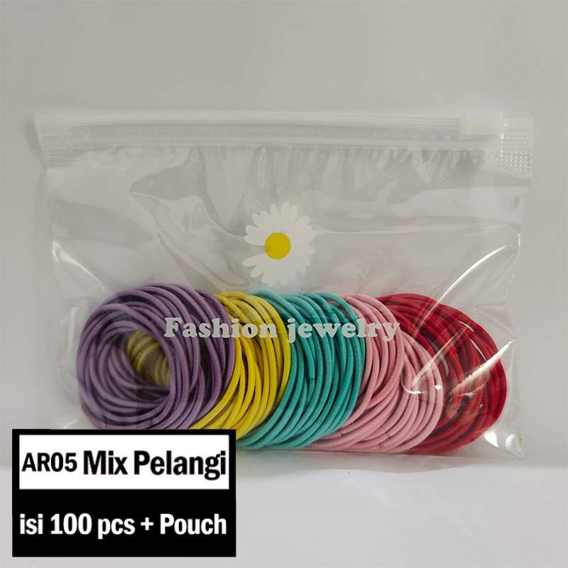 Ikat Rambut Karet Polos Elastis Gaya Korea Wanita / Karet Rambut / Karet Gelang Kucir isi 100pc MCO - AR05-Mix Pelangi