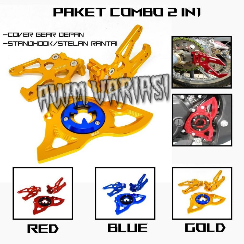 [PAKET 2 in 1]Pelindung Tutup Cover Gear Plus Stand Hook/Stelan Rantai Motor Vixion Old New R15 Xabre Full Cnc