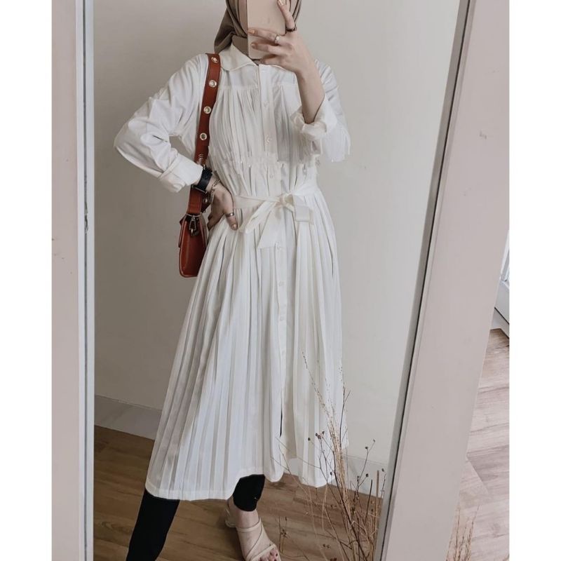 SAFIRA TUNIK LONG DRESS PREMIUM / PAKAIAN WANITA / WARNA PUTIH SILVER MOCCA DUSTY / MONOCHROME FASHI