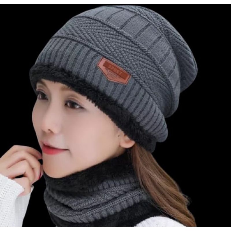 Topi Kupluk Rajut Beanie dan Syal Set / Kupluk Beanie / Topi Kupluk Set