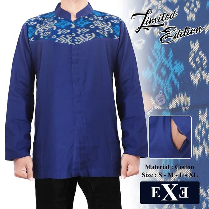 Baju Koko Panjang Pria Jubah Ori Rabbani Baju Koko Muslim Pria Biru Dongker Kombinasi Batik 4pum Shopee Indonesia