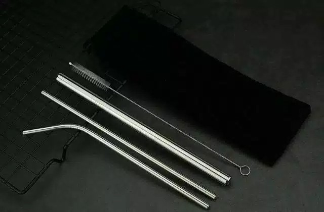 5 In 1 Stainless Straw 304 Sedotan Stainless Bengkok Lurus Bubble Sikat Pouch