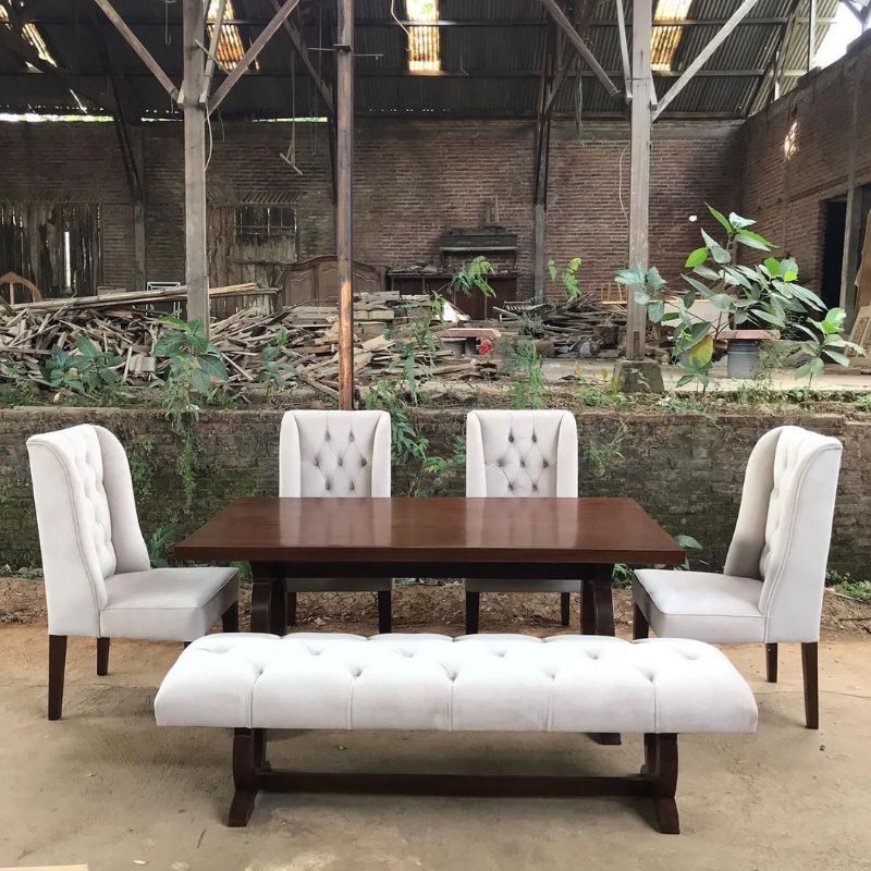 SET MEJA MAKAN JATI SOLID KURSI 4 DAN BANGKU STOOL PANJANG FULL BUSA MINIMALIS