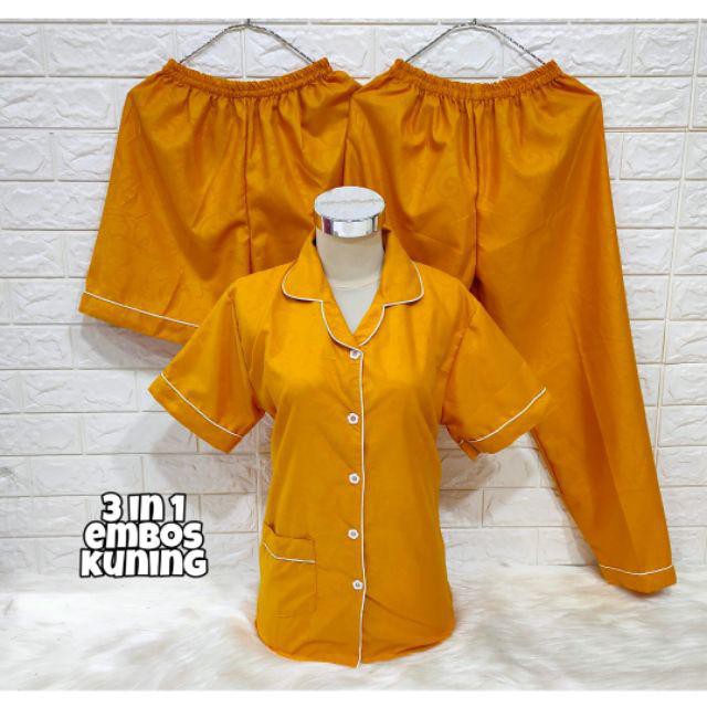 SEASOND IND Piyama/Baju Tidur 3in1 Wanita Dewasa Embos Warna/L Fit to XL ko-Embos Kuning