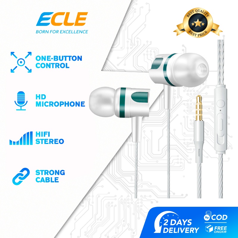 (HOT) ECLE Hijau Earphone Wired Headset Super Bass 3.5mm Jack/HD microphone