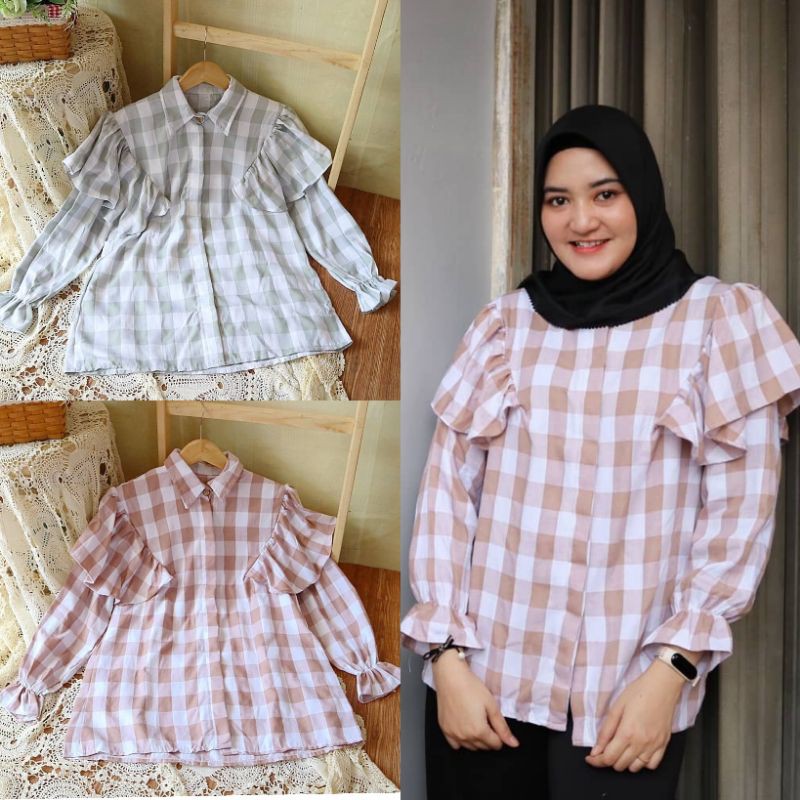 blouse gingham ruffle / blousekotak-kotak /atasan kotak-kotak /blousegingham