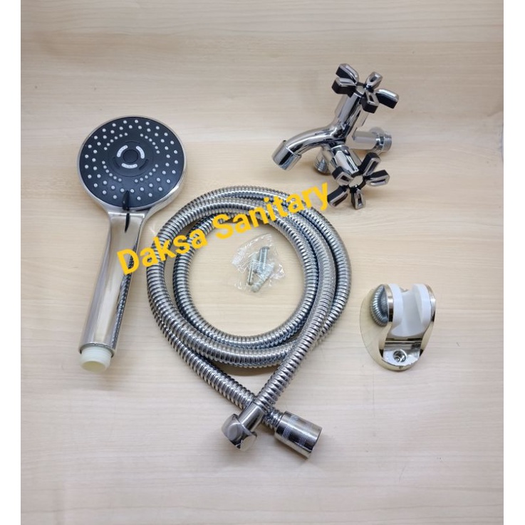 Paket Hand Shower 5 Sistem Pancuran Air Hitam dan Kran Cabang Engkol
