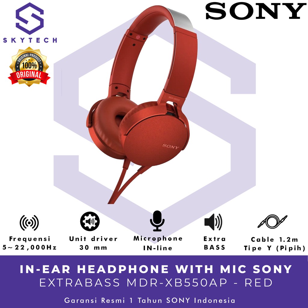 HEADSET SONY MDR XB550AP WITH MIC RED ORIGINAL GARANSI RESMI