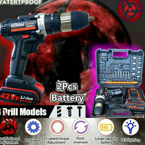 Mesin bor tanpa kabel baterai cordless 42 volt 13mm beton besi kayu full set pilihan 25 torsi UCHIHa