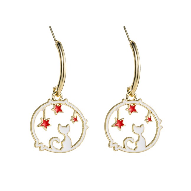 LRC Anting Tusuk Fashion White S925 Silver Needle Alloy Drop Oil Circle Stars Kitten Earrings D10397