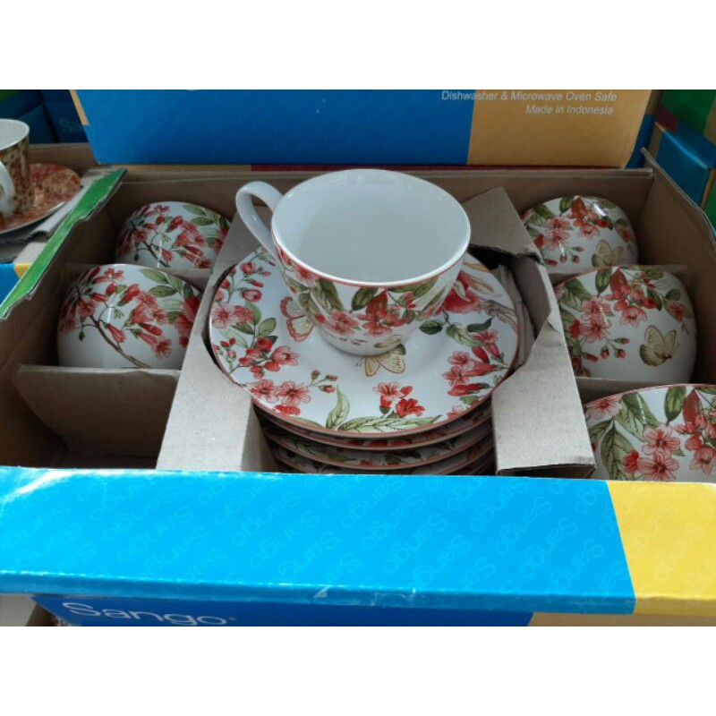 TEA SET CANGKIR KERAMIK HIAS SANGO CANTIK MOTIF BUNGA SHABBY WARNA WARNI