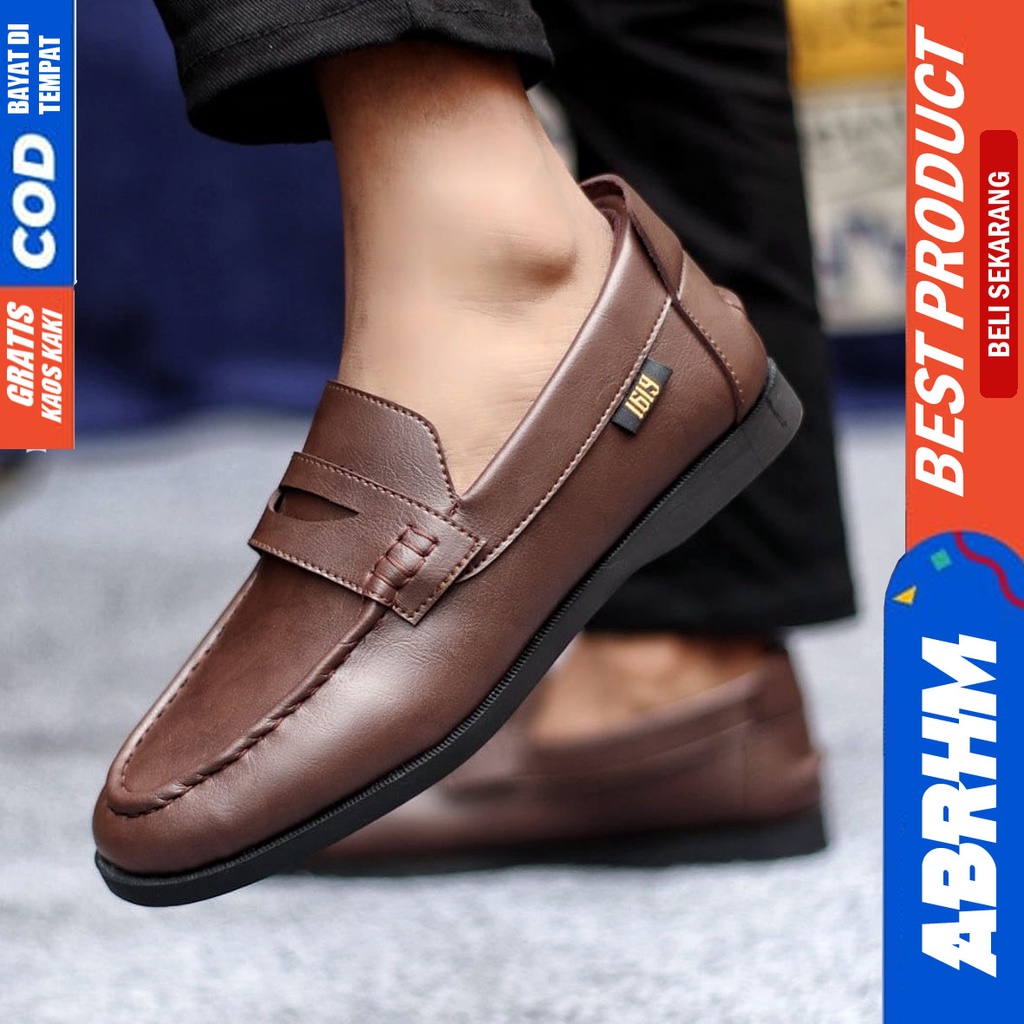 Sepatu Casual Pria Formal Slip On Pantofel Kulit Pu Kerja Kantor Kondangan Kuliah Hitam Fashion Shoes Terbaru Murah Kekinian Original PENNY ABRHM