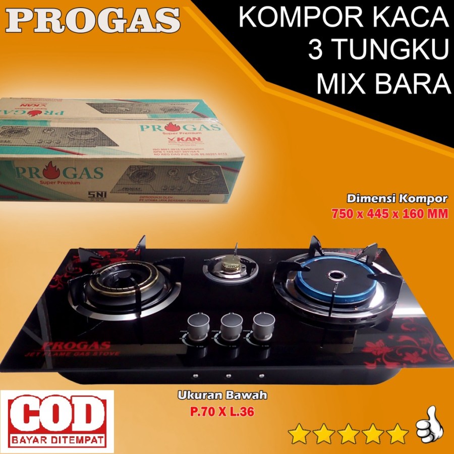 PROGAS PG-333 Kompor Gas Tanam/Biasa 3 Tungku Body Kaca -2 api api