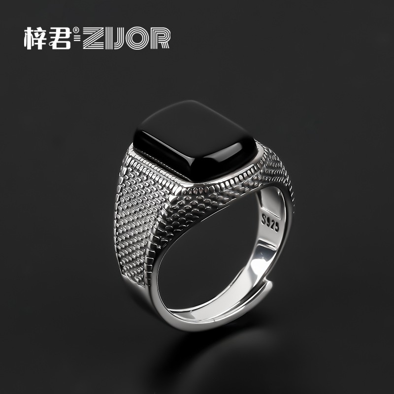 ⊕Cincin perak batu akik hitam kepribadian retro pria Thai perak 925 cincin perak hip hop cincin tung