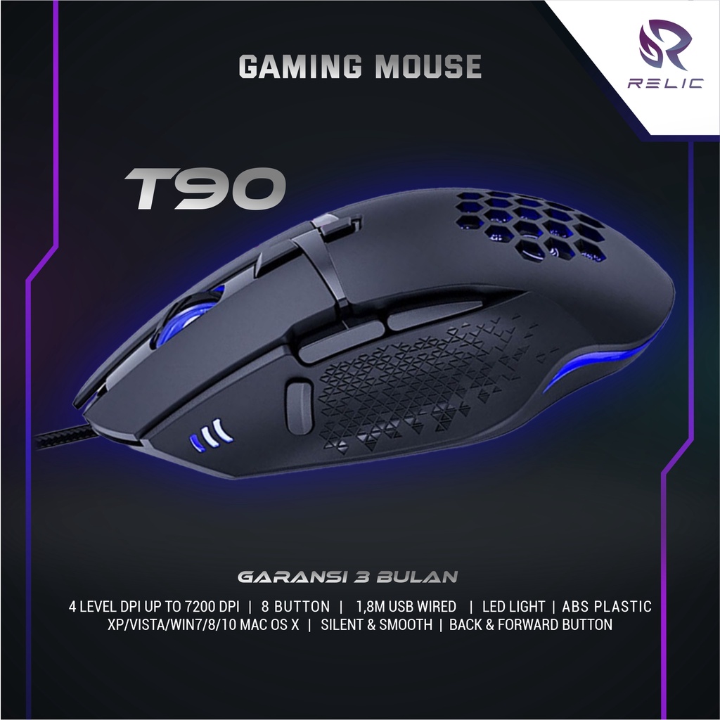 Mouse Gaming Ergonomis 7200DPI 4 LED USB 8 Buttons Aksesoris Laptop Desktop Relic T90 Termruah Premium