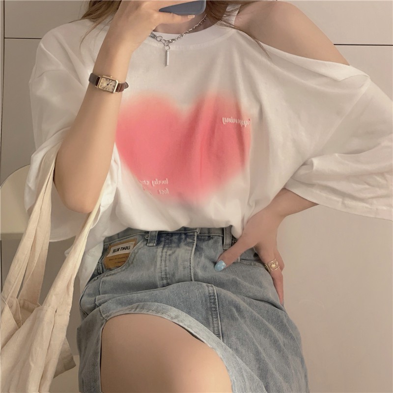 Nico##Cinta Lengan PendekTT-shirt Wanita Longgar Baru Gaya Barat Off-The-Shoulder Top