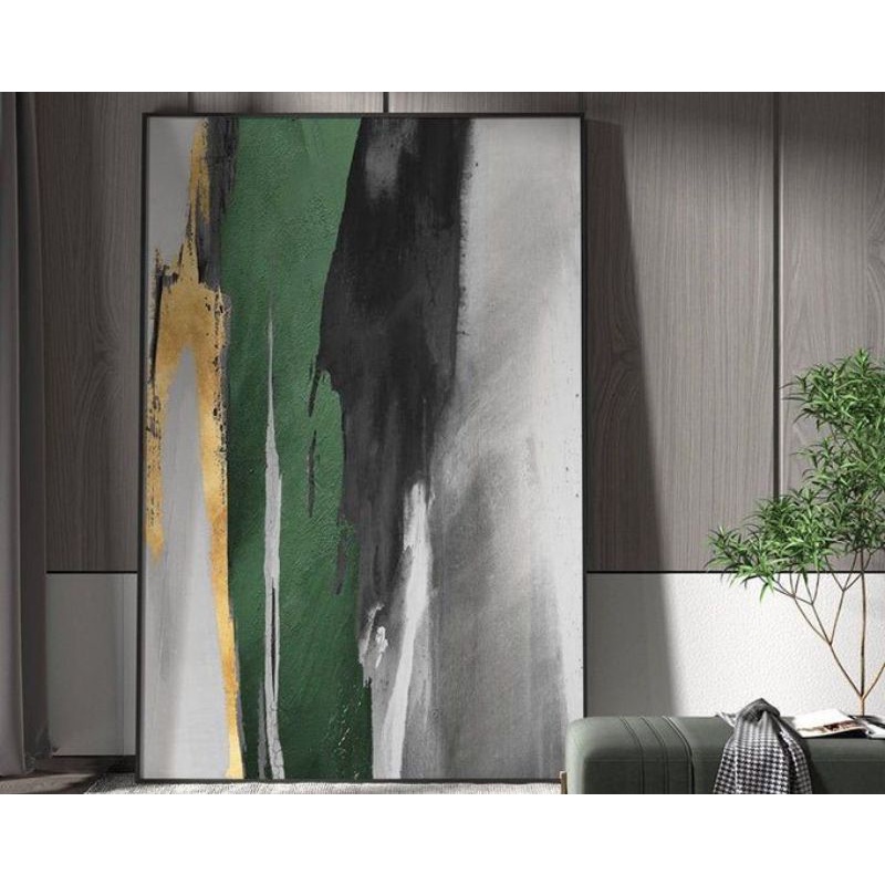 lukisan hijau hitam abstrak modern,lukisan green aesthetic,lukisan modern kanvas