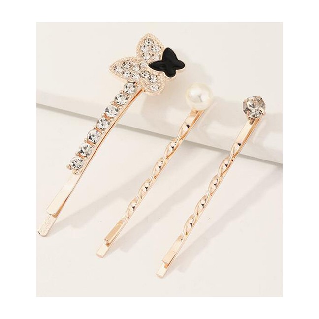 LRC Jepit Rambut Fashion Golden Butterfly Inlay Zircon Pearl Alloy Clip Set K25099