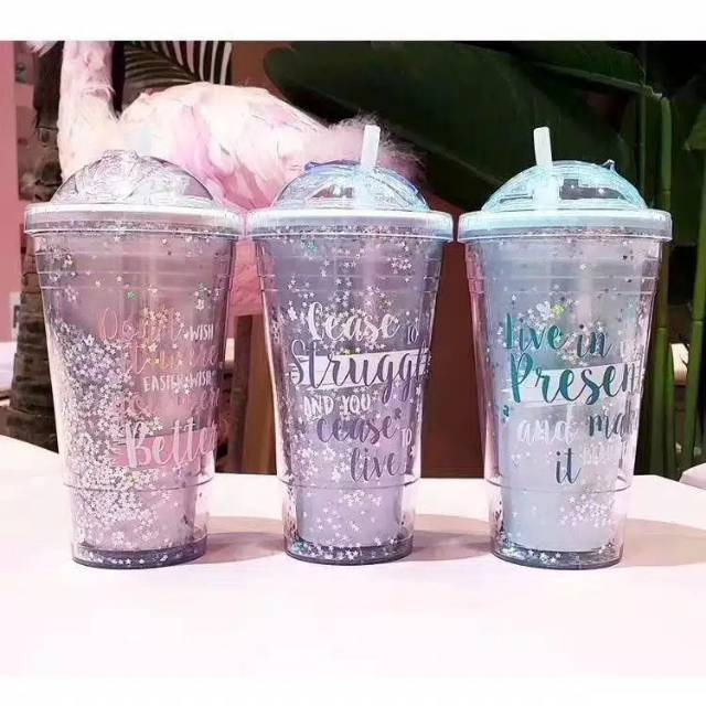 PROMO Botol Minum Glitter Tumbler Cups Blink 420 Ml Gelas free Sedotan + Bubble dengan dua lapisan lapisan straw water bottle