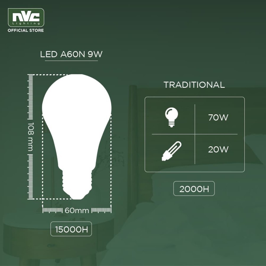 Lampu LED NVC A60N Warna Putih 9 Watt 6500K - Bohlam Murah Hemat Listrik