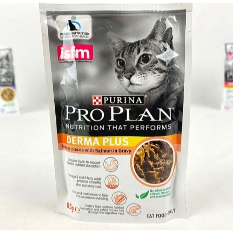 (1 box = isi 12) proplan pouch adult cat dermaplus 85g - proplan sachet dermaplus wetfood cat