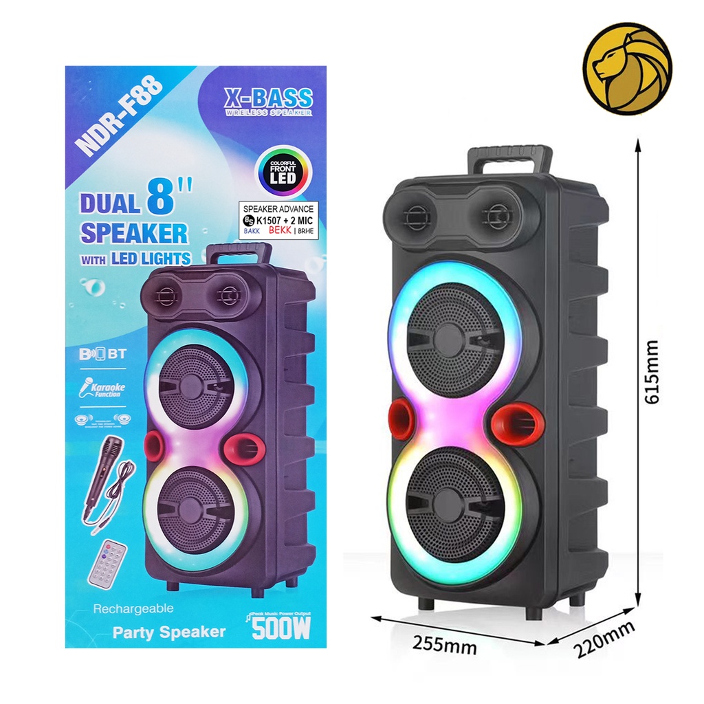 Bluetooth Speaker NDR-F88 Dual Woofer 8 Inch + Dual Tweeter 3 Inch + Microphone Kabel With RGB Lamp