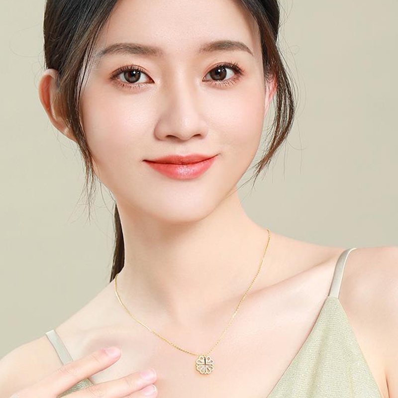 Kalung Anti Karat Korea Hati Berlian Empat Daun Semanggi Liontin Kalung Aksesoris Fashion