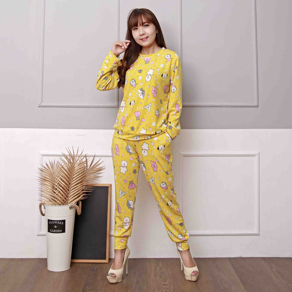 SETELAN WANITA MOTIP BT21 BTS /SETCEL IMPOR KUALITAS PREMIUM REAL PICT 4 WARNA