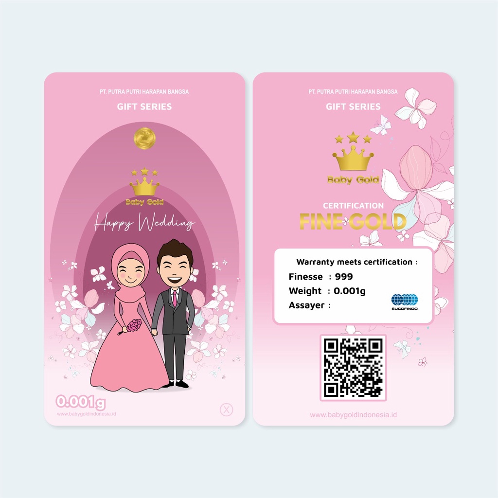 Emas Logam mulia 24 Karat Gift Series Babygold 0.001 0.002 0.005 gram Souvenir Hadiah Wedding Pernikahan Bandung Dealer Emas Mini-BG HWD Couple Pink