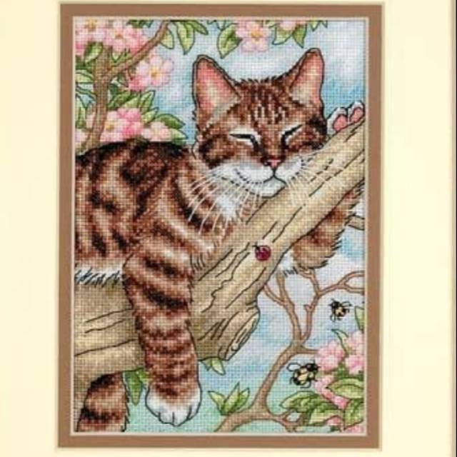 DIY Paket kristik kucing lazy cat dahan pohon pola kain cross stitch 14ct embroidery craft sulaman k