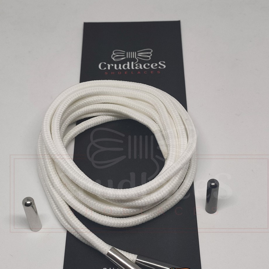 Tali Sepatu Bulat Putih Polyester - Shoelace Round Dengan Ujung Tali - Aglets Metal Besi - Crudlaces