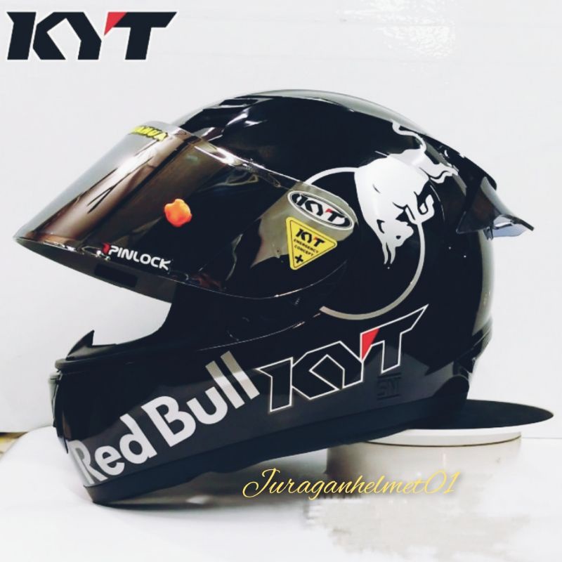 helm full face kyt r10 black glossy paket gantng red bull