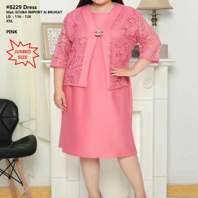 Dress Natal Jumbo 8229 / Dress Rompi / Dress Scuba kombi brokat