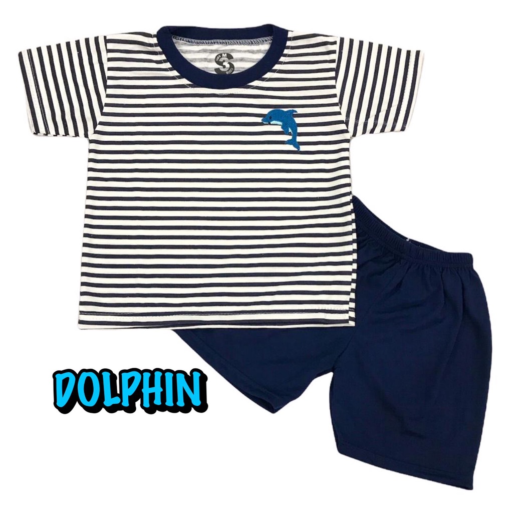 (1 KG MUAT 9 STEL) BAJU SETELAN PENDEK FASHION ATASAN CELANA OBLONG ANAK LAKI-LAKI/COWOK BAHAN KAOS KATUN BORDIR SALUR DOLPHIN/LUMBA-LUMBA