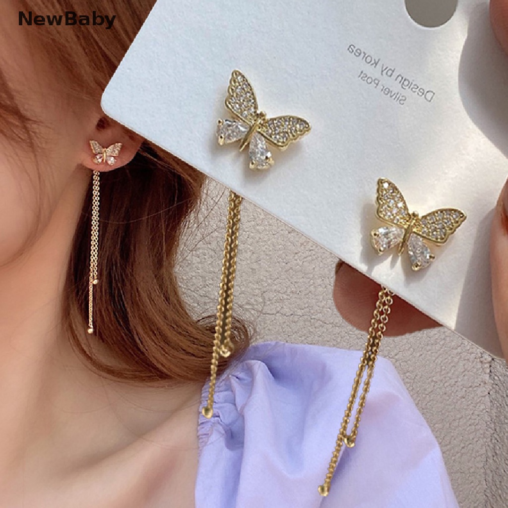 Anting Stud Desain Kupu-Kupu Aksen Kristal Berlian Imitasi Gaya Korea Untuk Wanita