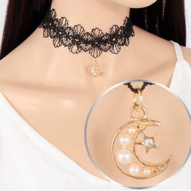 CHOKER - Choker Moon Star Flower Black+gold Color