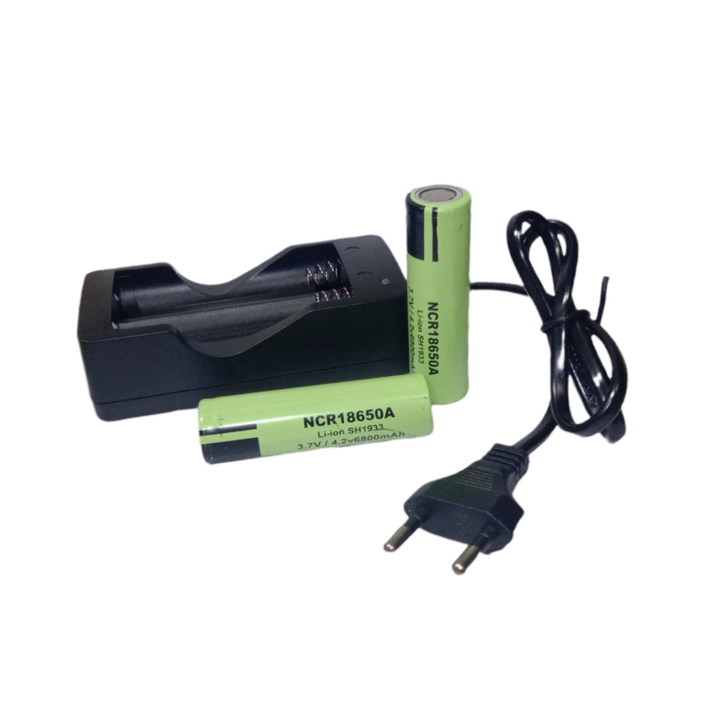 PAKET CASAN 2 SLOT + 2 PCS Baterai Li-ion NCR 18650 A 6800mAh 3.7/4.2V Warna Hijau FLATTOP