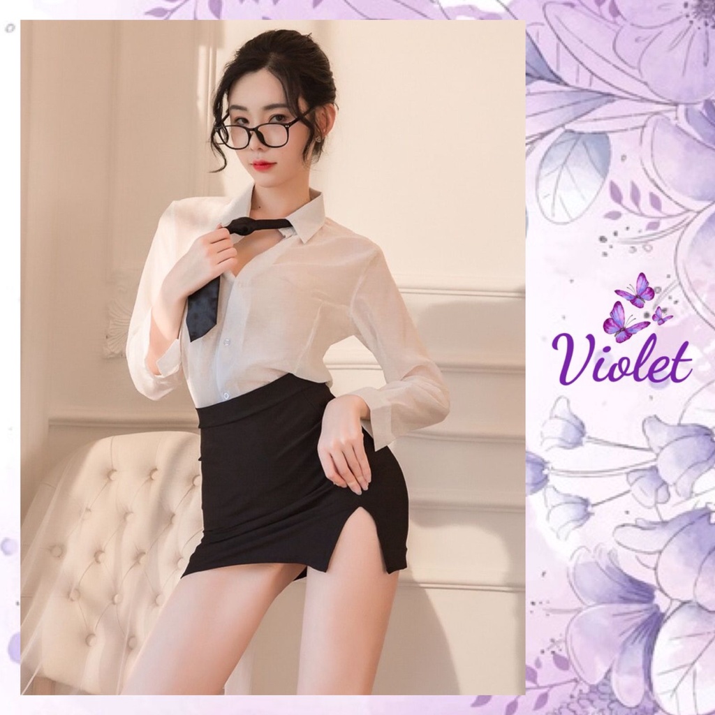 Violet Lingerie Seksi Sekretaris Wanita Cosplay Seragam Guru Lengan Panjang Dasi Rok Mini Seksi 1191