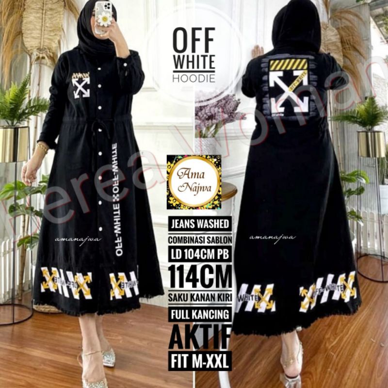 Off White Hoodie | Jeans Wash Combinasi Sablon | Ld 104 Pj 114 M-XXL | Full Kancing Aktif•Saku ka-ki
