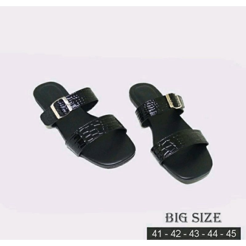 Sandal Crocoo Wanita QeisBlack Big Size 41-42-43-44-45 Size JUMBO Sendal Teplek Cantik Kulit Buaya Hitam, 42