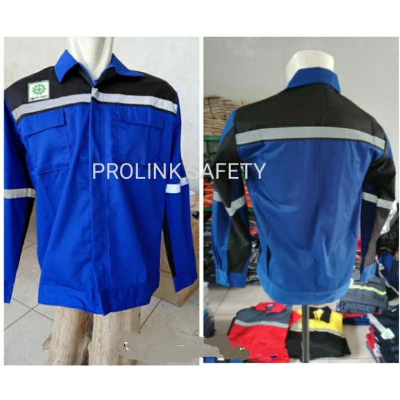 BAJU SAFETY SERAGAM ATASAN BIRU HITAM RESLETING FREE LOGO K3 BENDERA KAIN DRILL WEARPACK