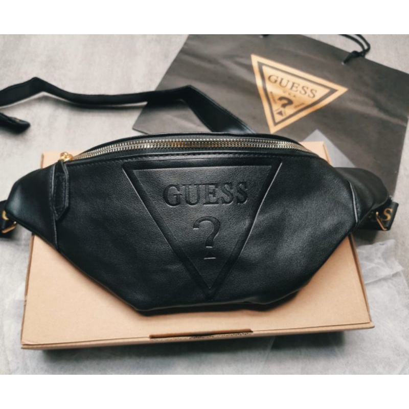 Waist bag GUESS Balck Gold Full set/ Waistbag pria Guess leather Gold Tas pinggang pria dan wanita