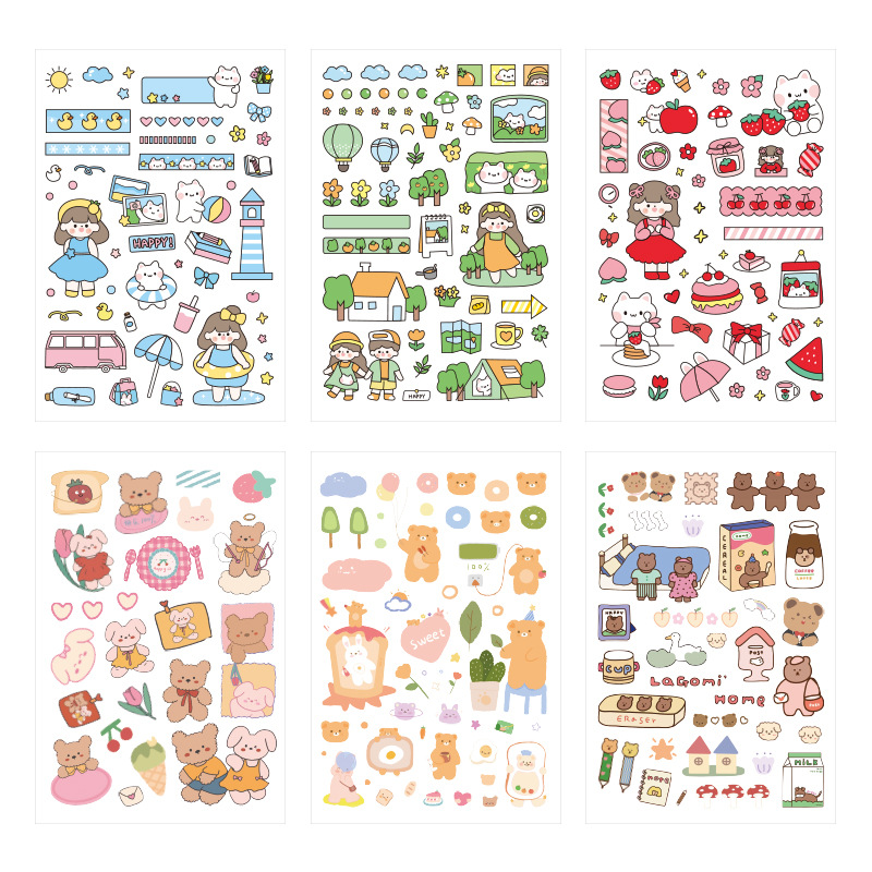 imoda 6 lembar / pack PVC Stiker Kartun Lucu DIY Scrapbooking Dekorasi Stiker Stasioner-A