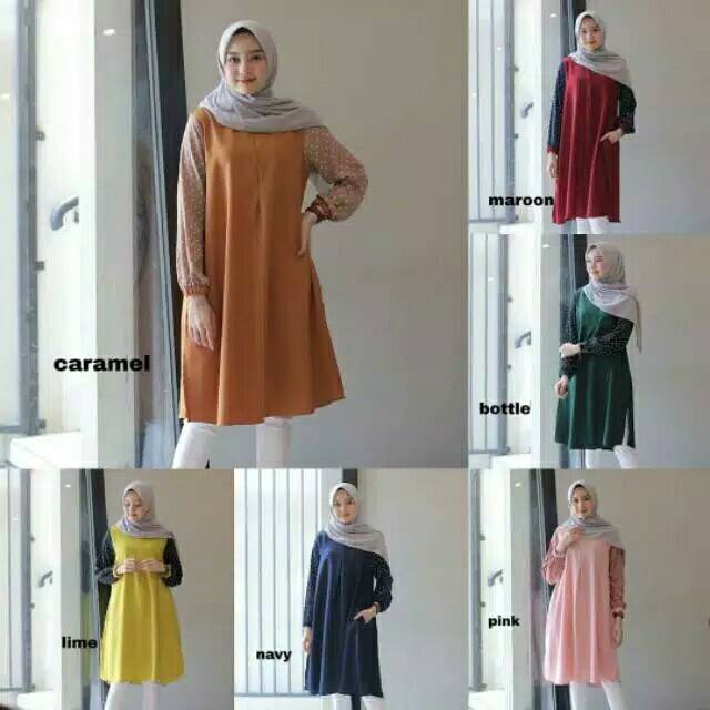 Brisia Tunik Wanita Polos Kombinasi Lengan Polkadot Katun Crepe A Line Panjang Busui Friendly Adem F