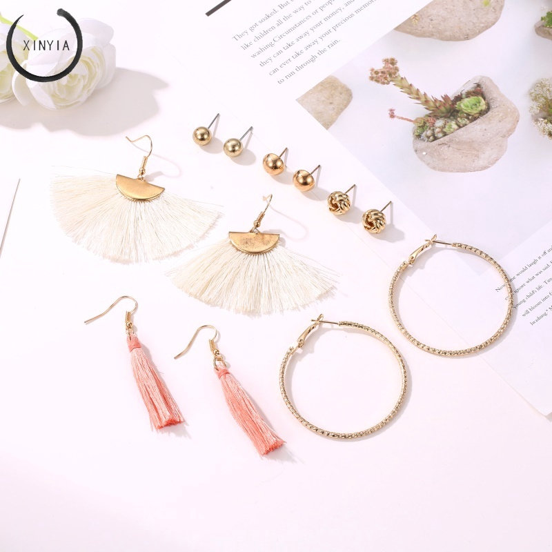 (6 Pasang / Set)Fringed Circle Pearl Kombinasi AntingBerlebihan Fashion Wanita Mengatur Anting