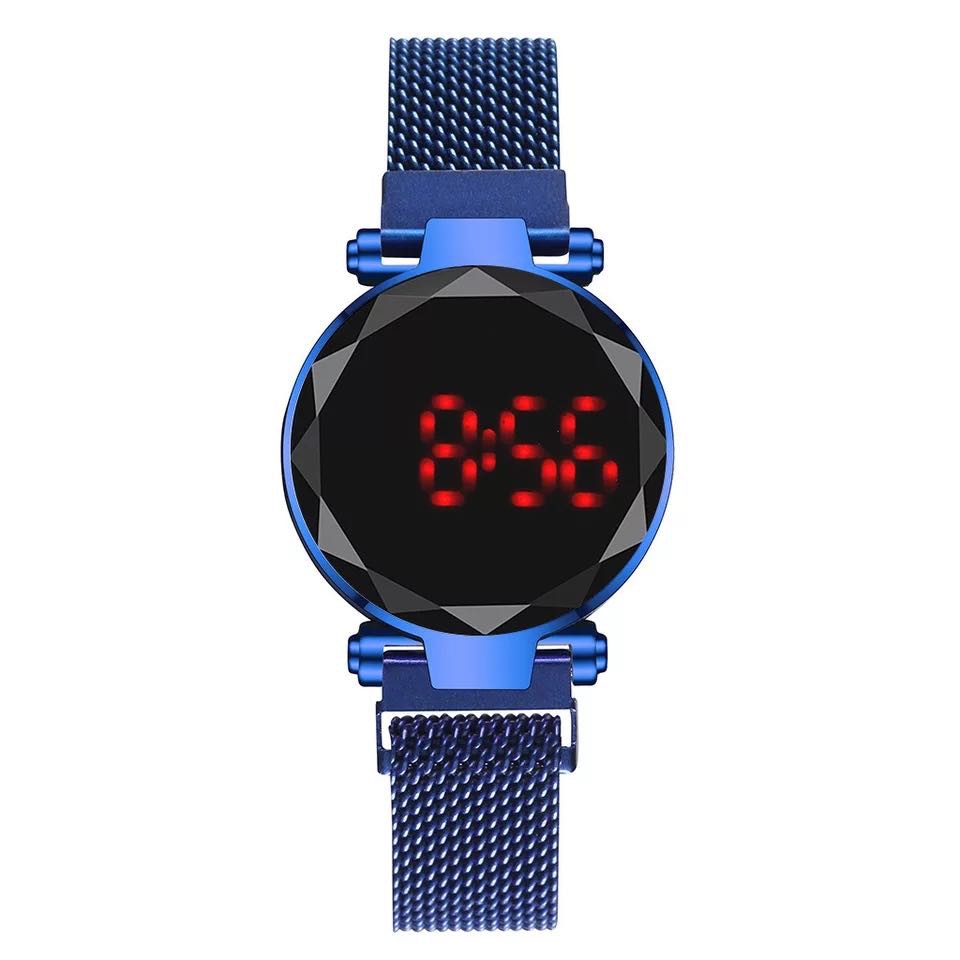 Jam Tangan Magnet LED Touch Screen Bulat Digital / Jam Tangan Wanita Korea Strap Magnet LED-36-7 Biru