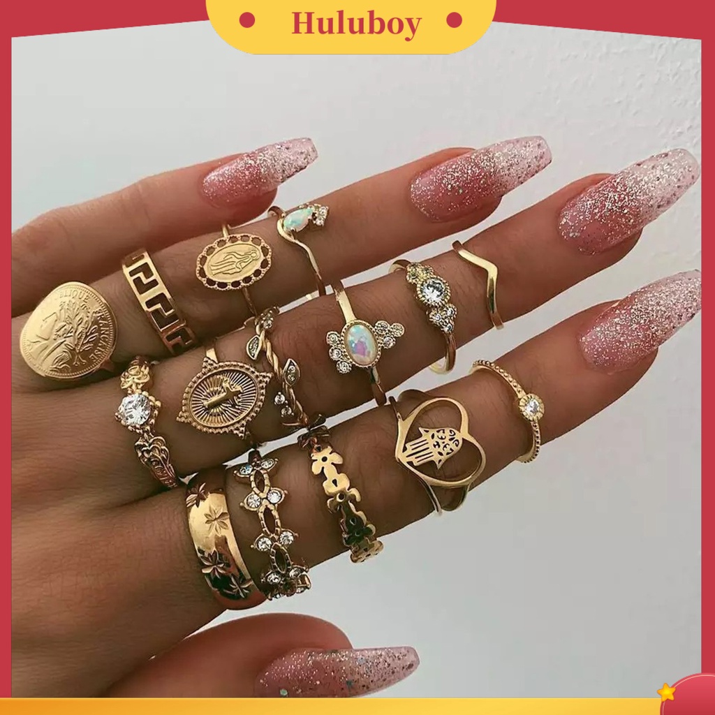 Hu Hu Hu Hu Hu Alat Bantu Pasang Kacamata♡ 15pcs Cincin Knuckle Tumpuk Desain Ukiran Hati Hollow Bahan Alloy Untuk Wanita